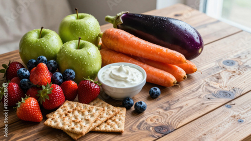 Wallpaper Mural Fresh strawberries, blueberries, carrots, and crackers arranged around a bowl of yogurt on a wooden surface. A vibrant, appetizing display with a shallow depth of field. Torontodigital.ca