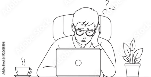 Man looking stressed at laptop with coffee and plant