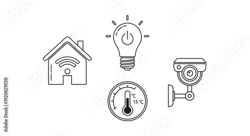 Smart home technology icons house light bulb camera thermostat in monochrome