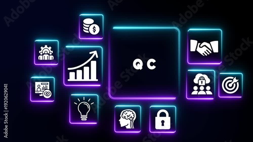 Neon Icons Depicting Business Elements Arranged Around QC Text quality control