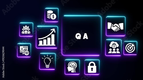 Neon Icons Illustrating Business Concepts Centered Around QA Text quality assurance