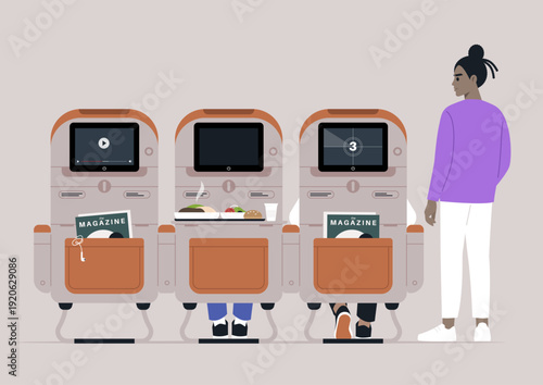 Three airplane seats showcase passengers engaged with in-flight services, featuring entertainment screens, meals, and a nearby attendant ready to assist for a comfortable journey.