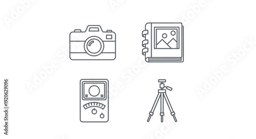 Photography equipment vector set camera album meter and tripod icons