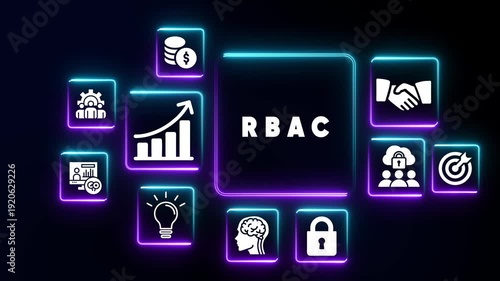 Neon technology icons surround a central glowing square with the letters RBAC in white text on a dark background