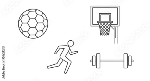 Sports icons soccer ball basketball hoop dumbbell and running figure