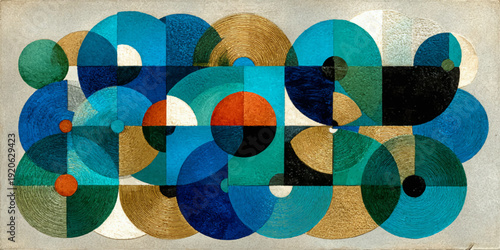 A vibrant and colorful background featuring a variety of geometric shapes and patterns, including circles, lines, and textures in shades of blue, orange, and green.