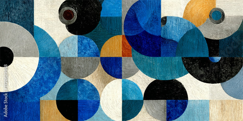 A vibrant and colorful background featuring a variety of geometric shapes and patterns, including circles, lines, and textures in shades of blue, orange, and green.