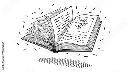 Illustration of an open book with pages turning, featuring a drawing of a light bulb on one page. The dark lines create a sense of energy and creativity.
