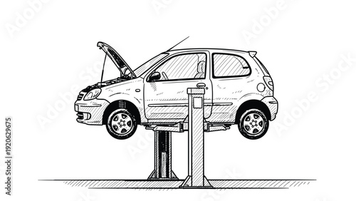 Illustration of a small car on a vehicle lift with its hood open, suggesting maintenance or repair. The setting conveys a mechanical or workshop theme.