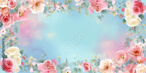 A beautiful floral frame with a soft blue background and delicate pink roses