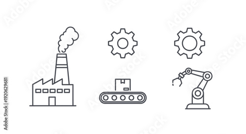 Factory illustration with robotic arm and gears conveying industrial processes