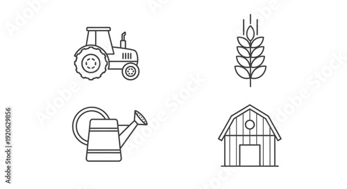 Farm icons tractor wheat watering can and barn illustrations