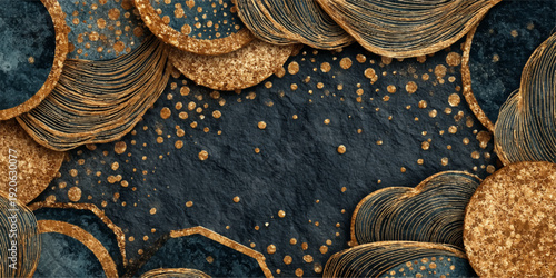 Intricate gold floral pattern on a deep blue background with scattered dots