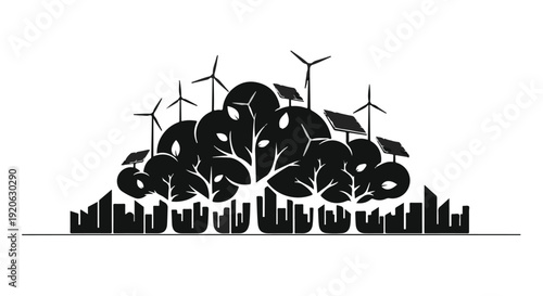 eco friendly cityscape with wind turbines and trees