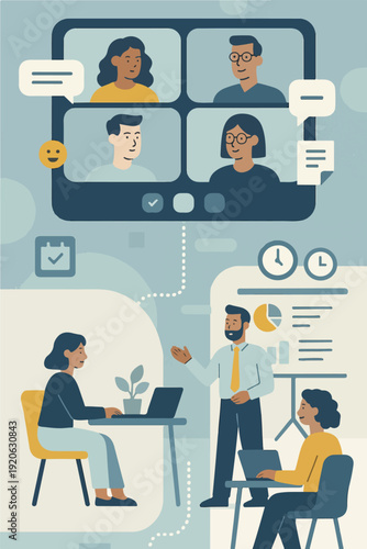 Hybrid Remote Work Collaboration Platform with Virtual Meeting and Team Productivity Tools Illustration