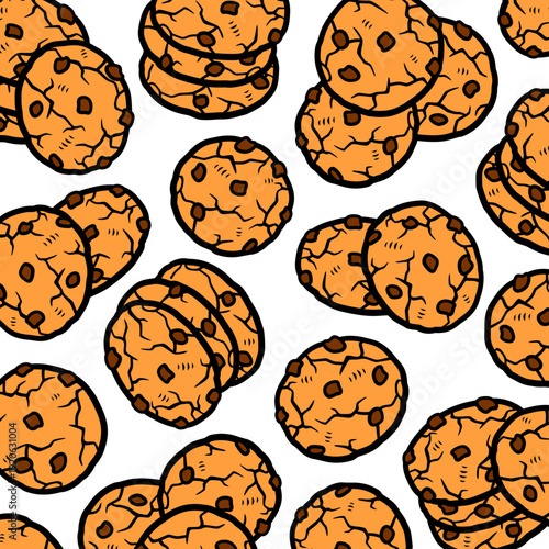 Chocolate chip cookies pattern background set. Collection icon chocolate chip cookies. Vector 