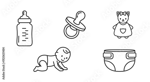 Baby essentials bottle pacifier toy diaper and crawling infant illustration