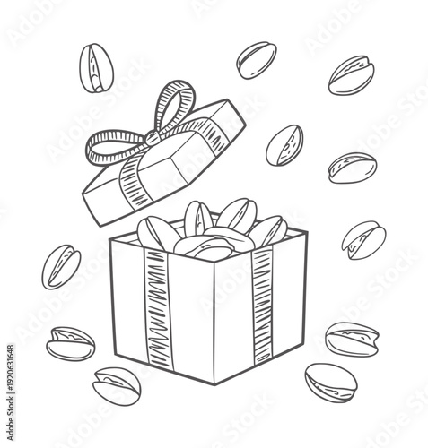 Black and white line of an open gift box filled with pistachios and scattered pistachios