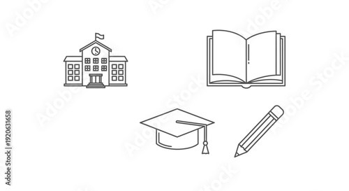 Educational icons representing school book graduation cap and pencil isolated