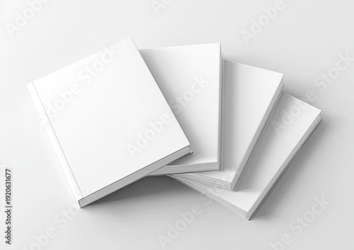 Close-up of four stacked hardback books with blank white covers against a plain backdrop