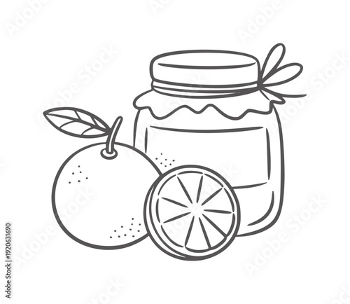 Black and white line of citrus fruit and jar of jam