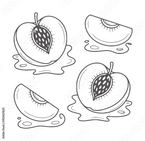 Black and white line of juicy peach halves and slices fruit