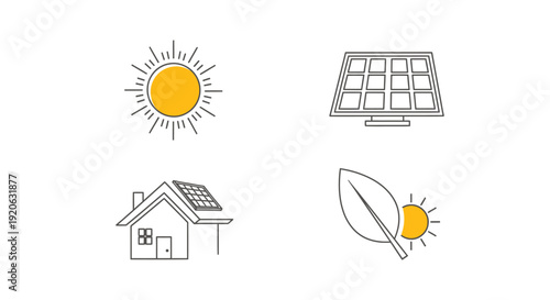 Solar energy icons set with sun panels house and leaf illustrations