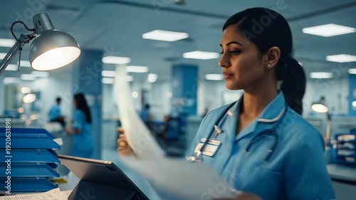 Focused Indian nurse in blue uniform diligently reviewing patient data on tablet device in modern, well-lit hospital ward environment, showcasing healthcare technology and compassionate care