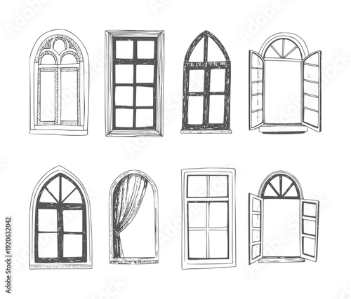 Black and white of eight different window architecture vintage