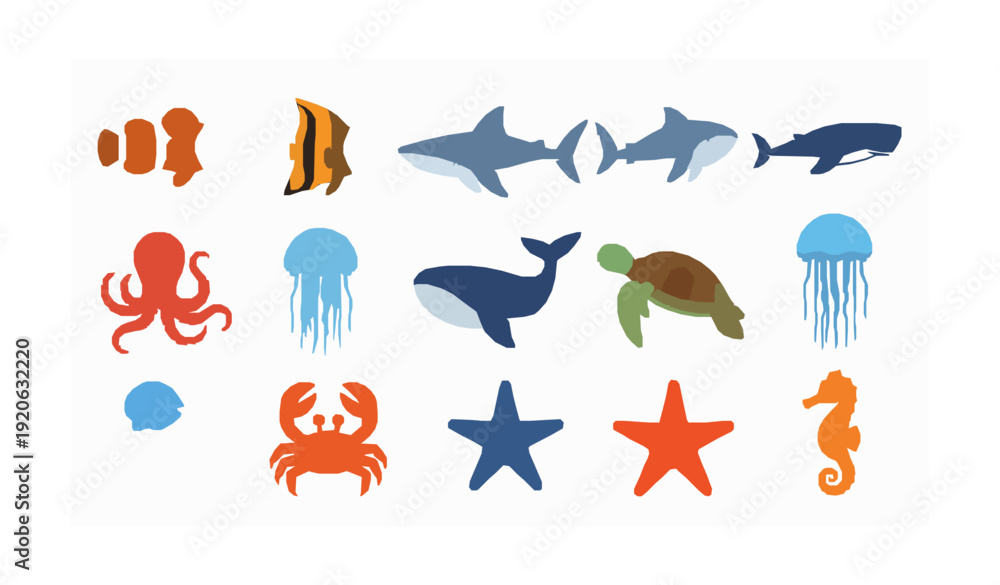 Naklejka premium Colorful underwater marine animals flat vector collection isolated on white background