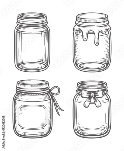 Four black and white of mason jars with different embellishments glass container