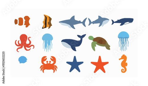 Colorful underwater marine animals flat vector collection isolated on white background