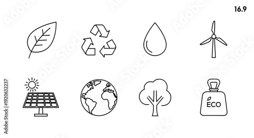 A set of eco-friendly icons on a transparent background representing sustainability and environmental conservation