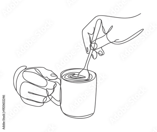 Minimalist black and white line of hands holding and stirring a can