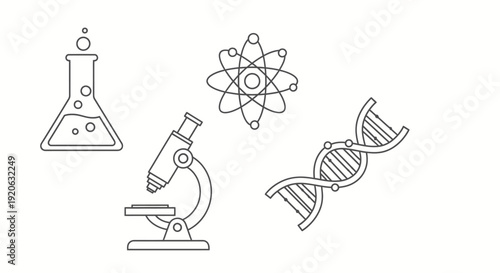 Science and research icons beaker microscope atom and dna on white