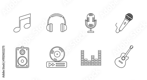 A minimalist vector graphic of various music icons on transparent background