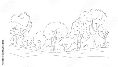 Simple black and white line of a forest landscape with trees and bushes