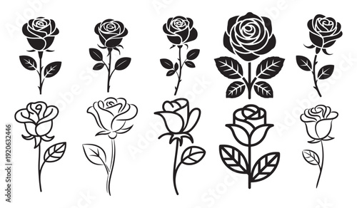 Black and White Rose Line Art Icon Set. Hand Drawn Floral Outline Vector Collection. Vector illustration eps 10