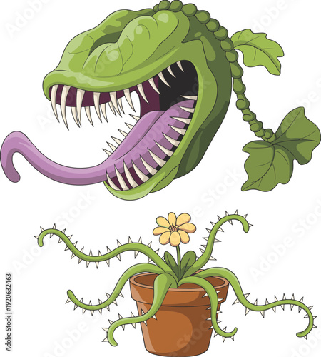 Carnivorous plant cartoon illustration, fantasy monster flower character, scary venus flytrap design, creepy botanical creature isolated