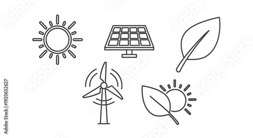 Clean energy icons sun solar panel wind turbine and leaves