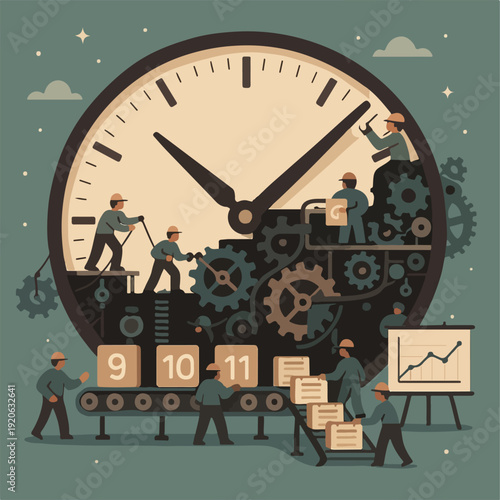 Time Management and Productivity Workflow Factory with Mini Workers Controlling Gears and Schedules