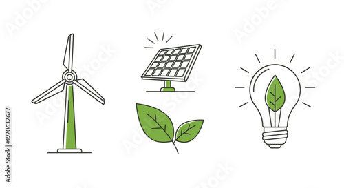 Clean energy sources wind turbine solar panel light bulb and leaves icons