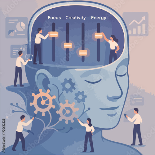 Mental Performance Management System Inside Human Brain with Mini Workers Adjusting Focus and Stress Levels