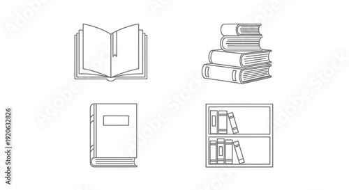 Book icons set open book stacked books closed book and bookshelf