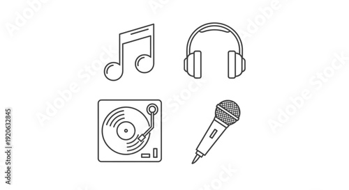 Music icons set note headphones turntable and microphone illustrations