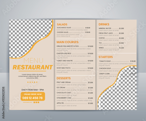 modern professional restaurant trifold menu brochure template, with food photo placeholders elegant layout