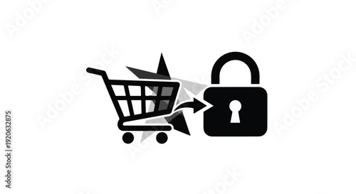Secure online shopping cart with locked padlock and starburst