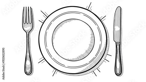 Black and white sketch of a round plate centered between a fork on the left and a knife on the right, evoking a simple dining setting.