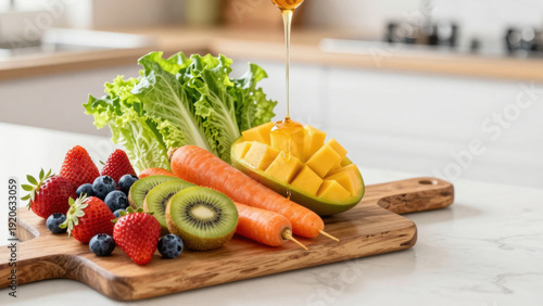 Wallpaper Mural A wooden cutting board displays vibrant fruits and vegetables. Strawberries, blueberries, a sliced kiwi, and mango are arranged artfully. A drizzle of honey suggests sweetness. Clean white background. Torontodigital.ca
