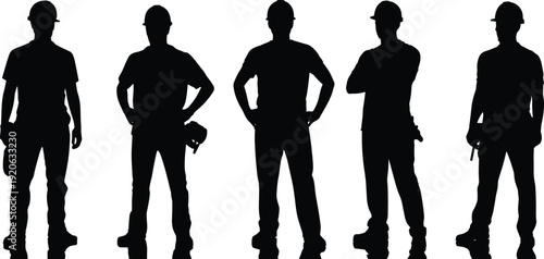 Construction worker silhouettes collection, builders standing poses, industrial labor team set, handyman characters isolated, engineering workforce illustration, professional builders group